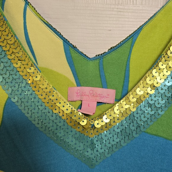 Lilly Pullitzer Leaf Resort 70's Inspired Sequins V-Neck Bell Sleeve Dress Large - Picture 2 of 7